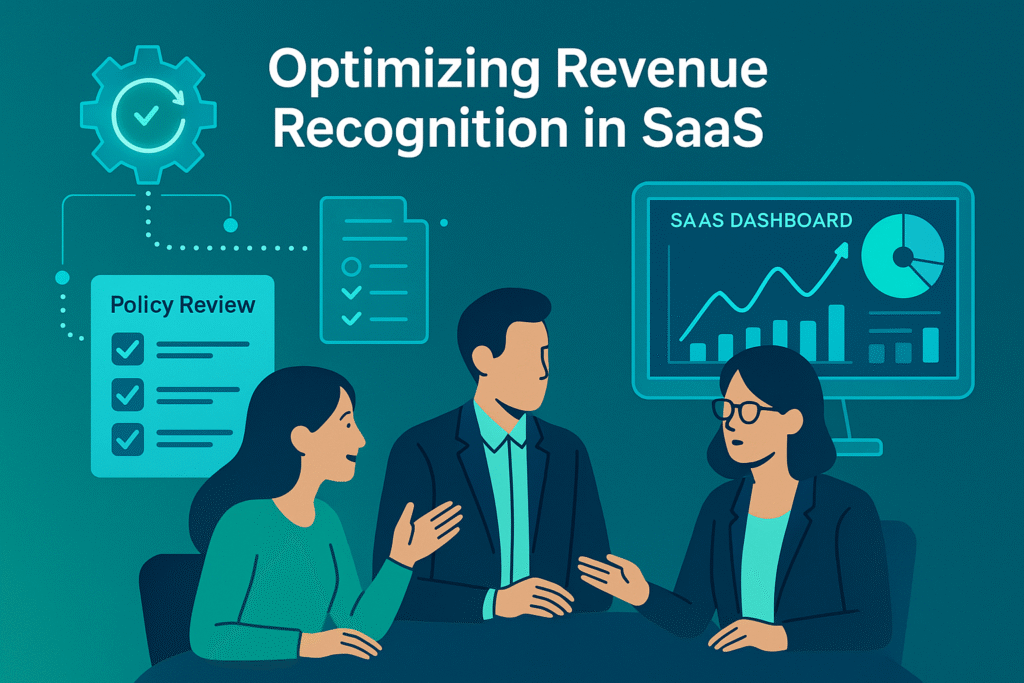2D illustration in teal and blue tones showing three business professionals discussing revenue recognition strategies, with icons for automation, policy review, and a SaaS dashboard highlighting financial metrics.