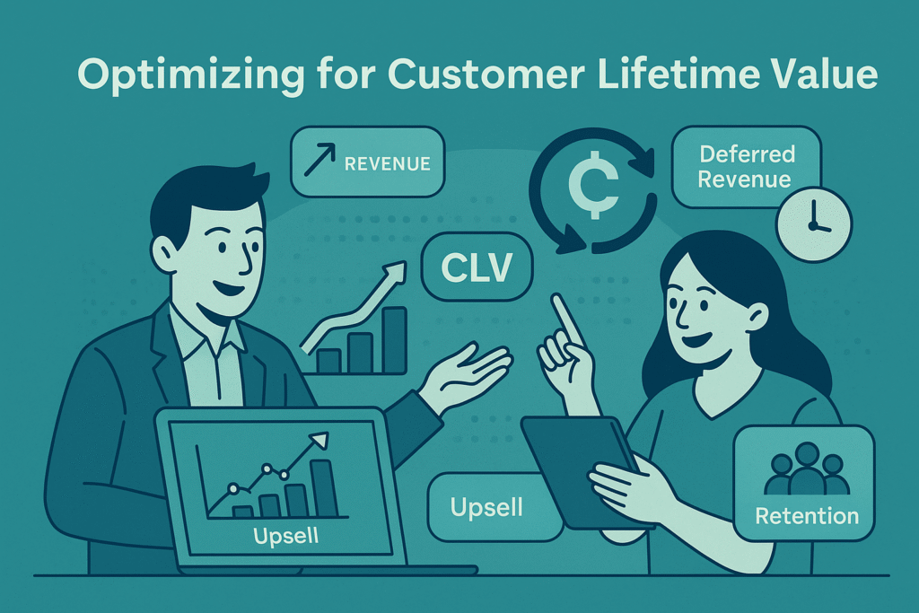 Vector illustration showing a man and woman discussing CLV with symbols for revenue, deferred revenue, upsell, and retention, all in a blue-green SaaS data visualization style.