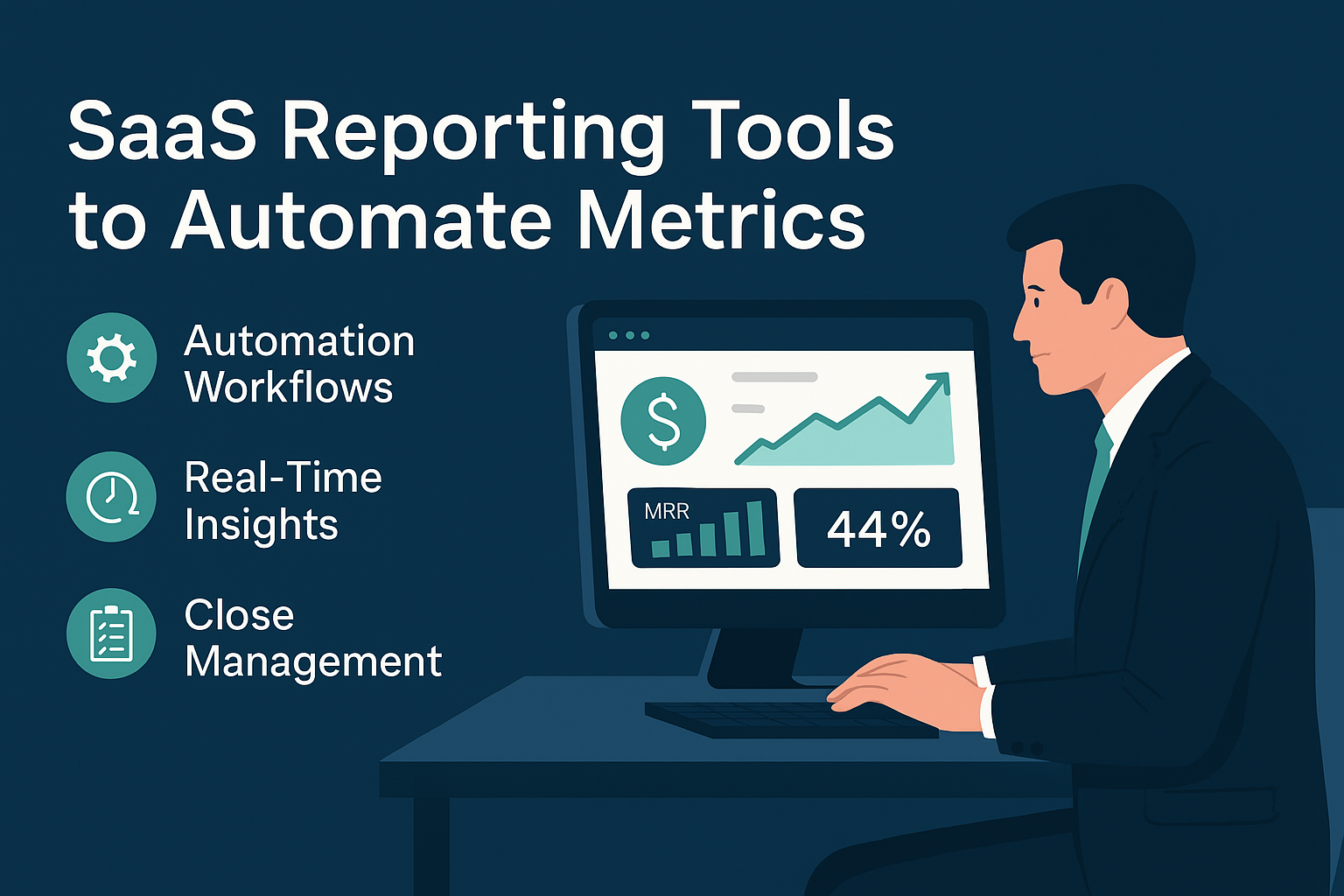 Professional illustration of a business executive analyzing financial dashboards on a desktop, highlighting automation workflows, real-time insights, and close management in a blue-green color palette.