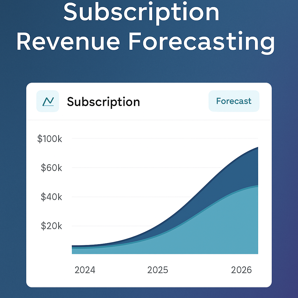 Graphical representation of Subscription Revenue Forecasting for SaaS businesses. The image illustrates projected recurring income and revenue trends over time.