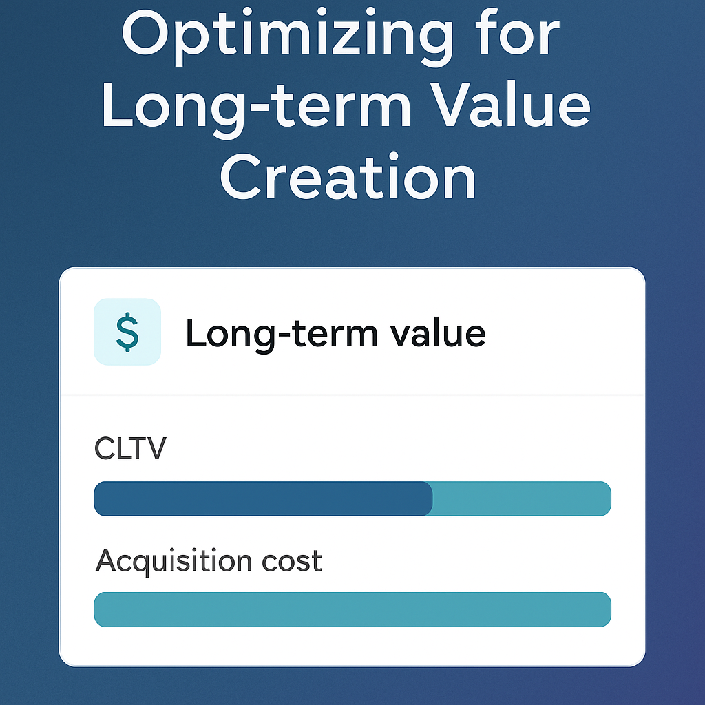 Illustration of long-term value optimization in a SaaS business, highlighting retention strategies, LTV to CAC ratio, and predictable revenue streams as growth drivers.