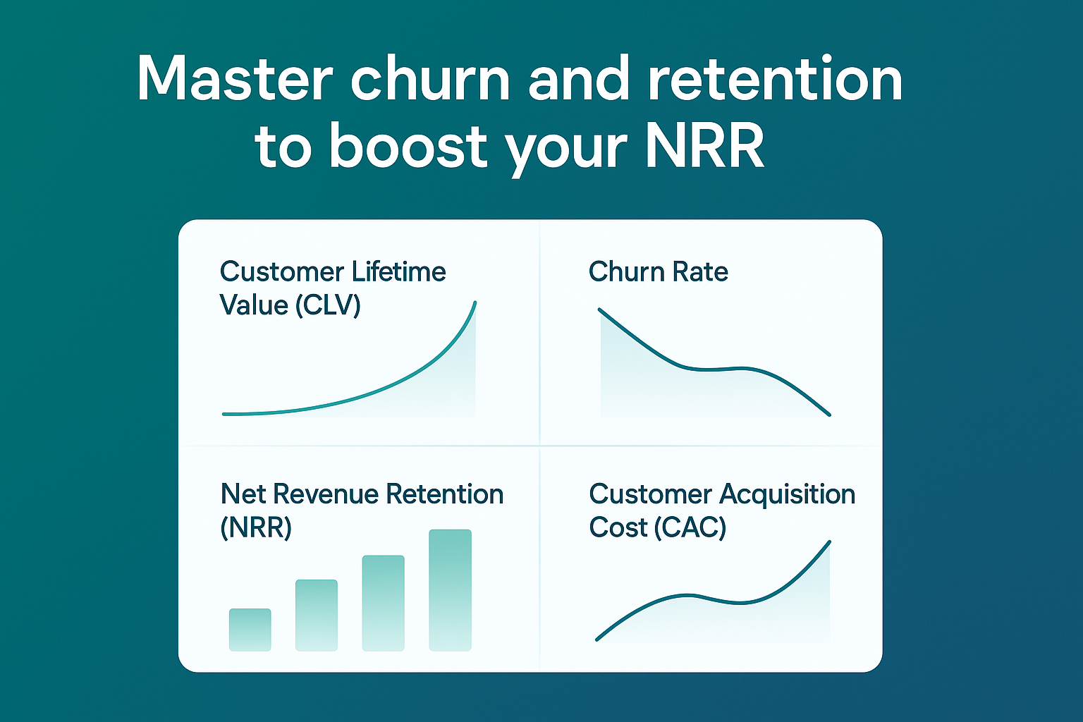 An infographic with a teal-to-blue gradient background, showing a SaaS dashboard with graphs for CLV, churn rate, NRR, and CAC—each represented with minimalistic curves and bar charts.